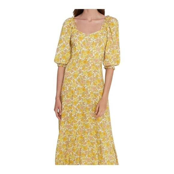 NWT FAITHFULL THE BRAND Juniper Yellow Floral Puff Sleeve Midi Dress US 2/ XS - Picture 4 of 9